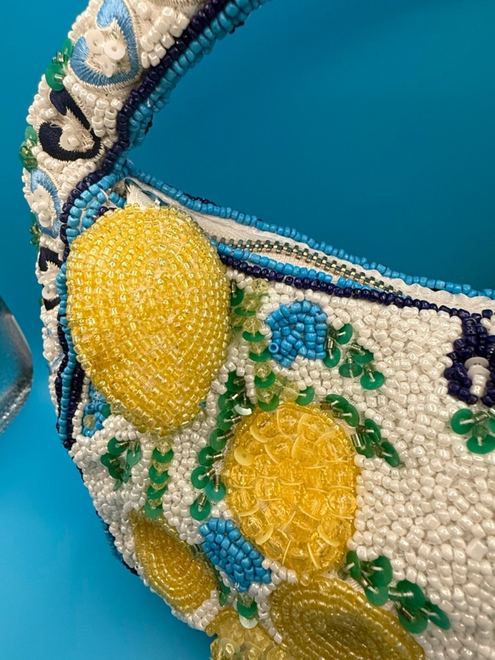 Made in India White Beaded Mini Bag with Yellow Lemon Key Charm - Picture 3 of 5